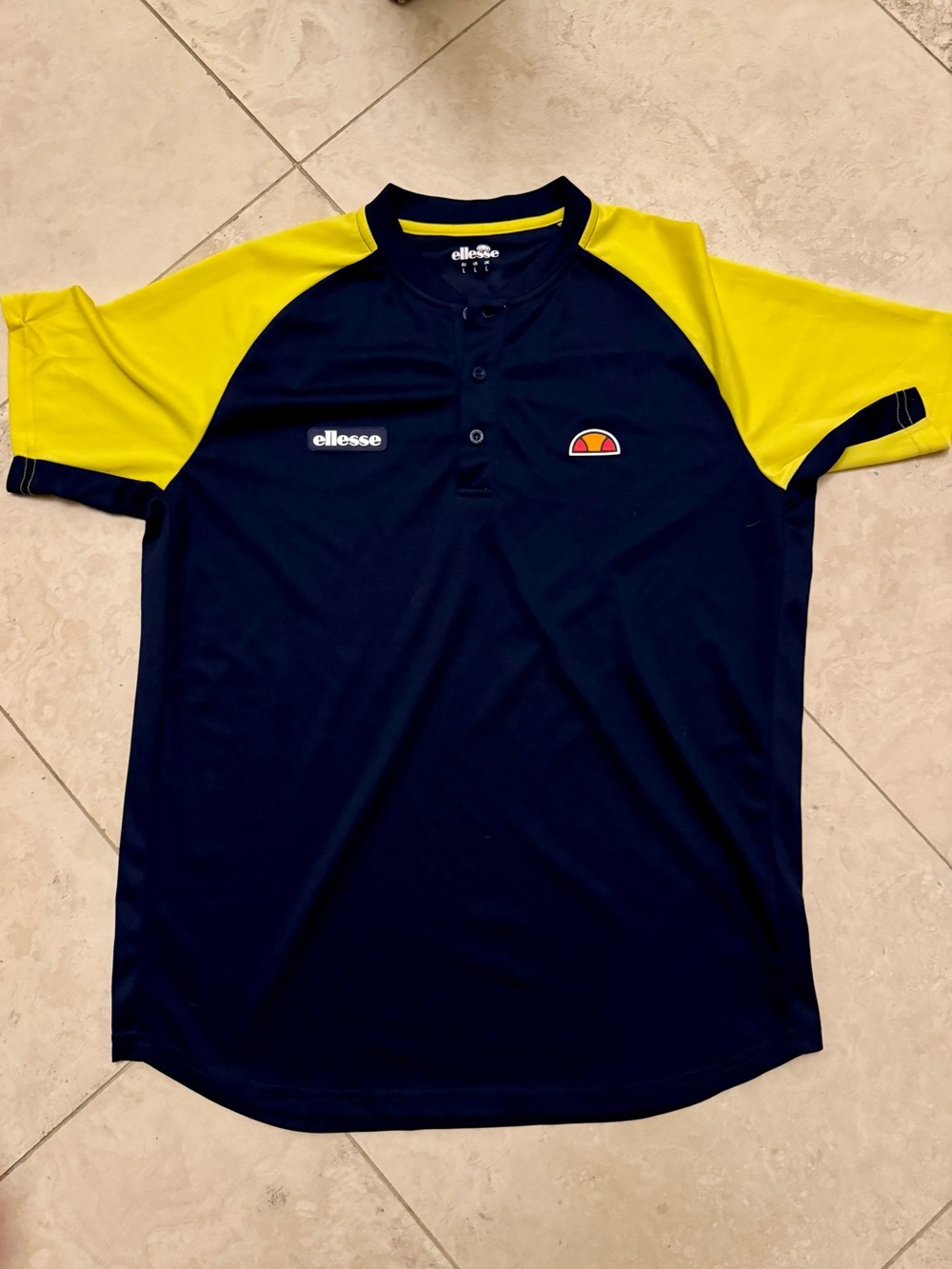 Ellesse Navy Polo with Bright Yellow Raglan Sleeves